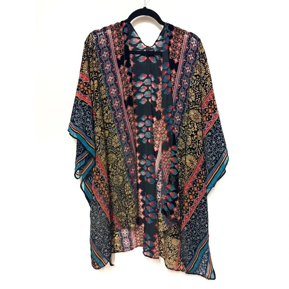 NWOT $200 SAACHI Mix Print Velvet Burnout Ruana Kimono - Boho Bohemian Top - Picture 5 of 9